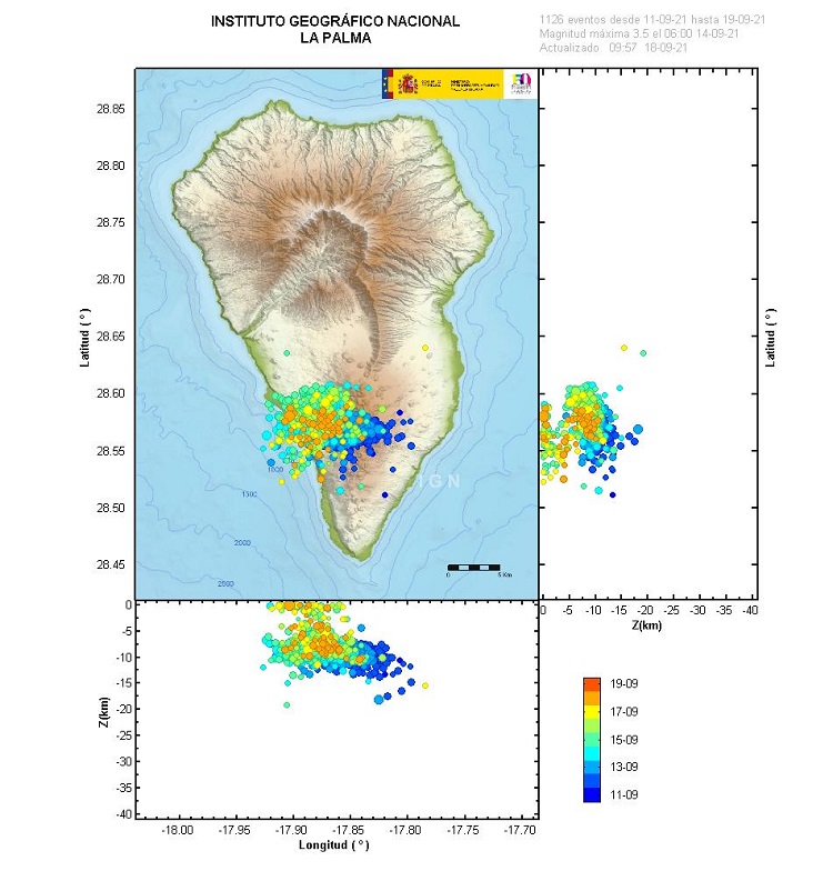 A map of La Palma showing the earthquakes have become shallower in the last days