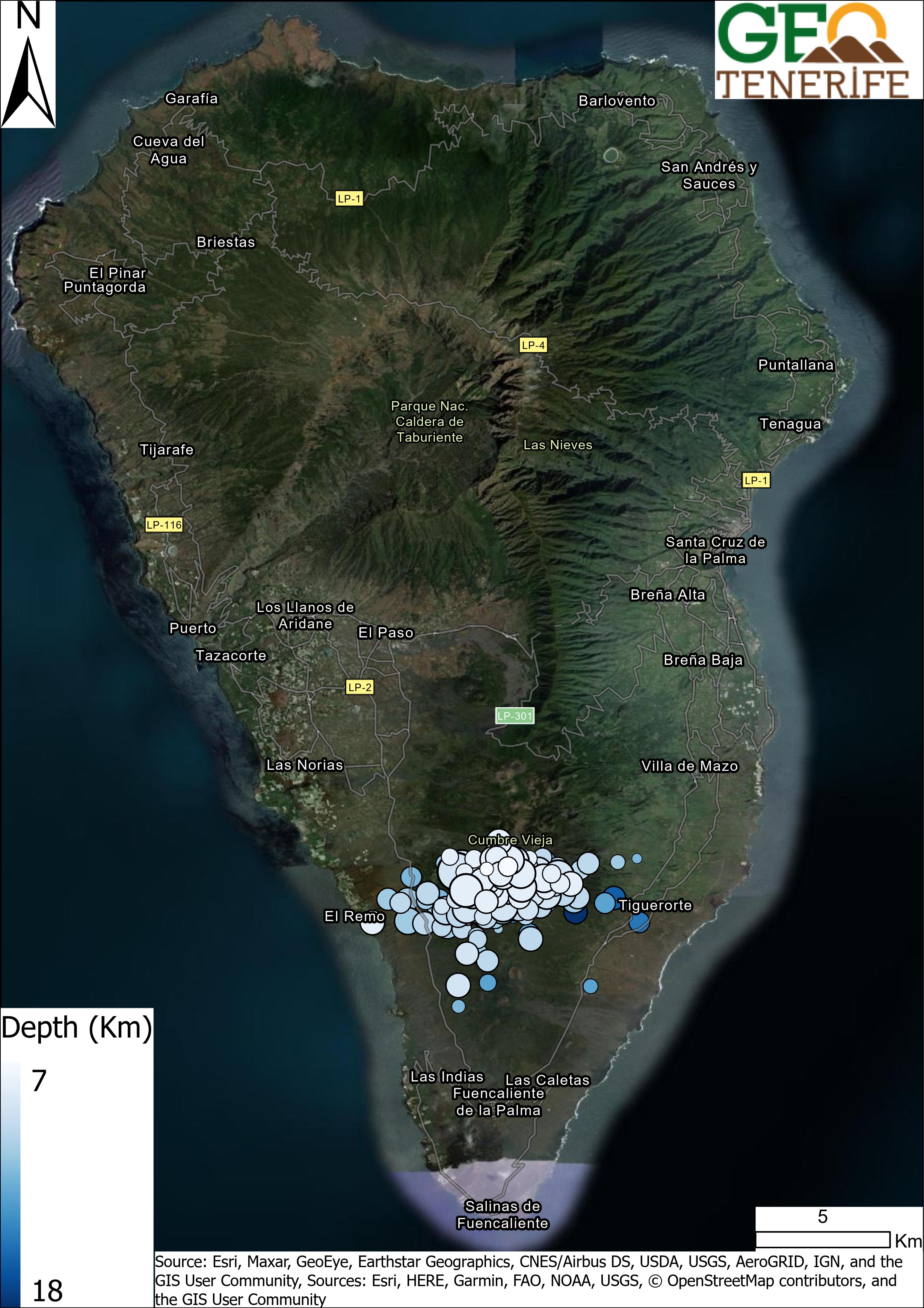 A map showing earthquakes recorded on La Palma on the 12th September. The earthquakes are located to the south of the island