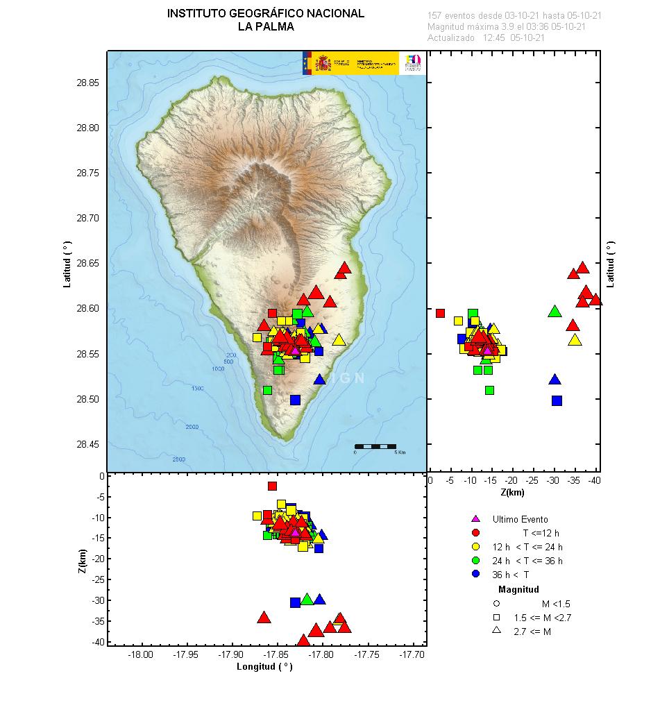 A map showing the size, location, time and depth of earthquakes registered on La Palma