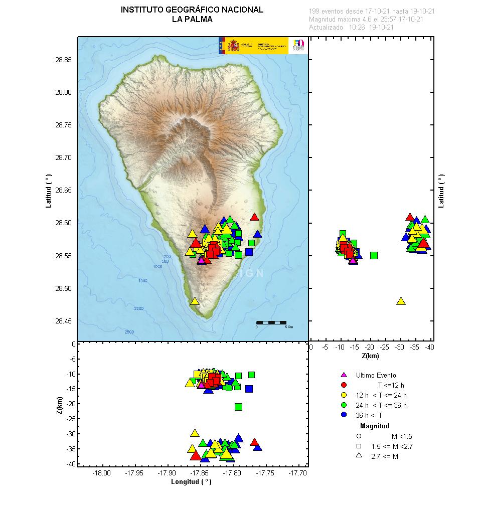 A map of La Palma showing the size, time, depth and magntiude of earthquakes