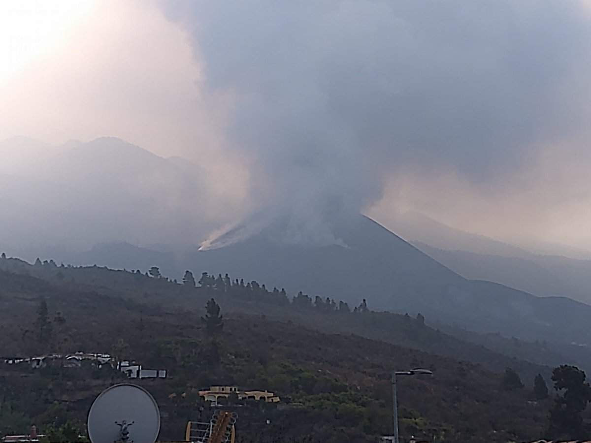 A picture of a volcano with rising ash plume coming up from it, with grey forests around it and buildings in the foreground