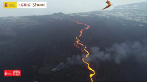 This photo was taken by IGME drone footage of an active lava flow which flows from the volcanic cone towards the sea. Sourced from Gobierno de Canarias (2021).