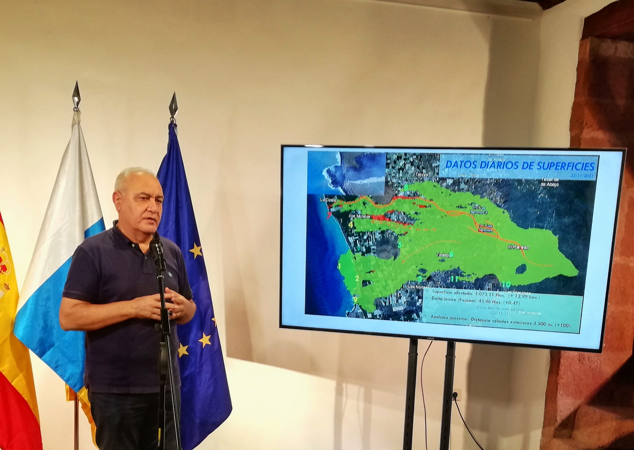This photo is of the technical director of PEVOLCA at a press conference discussing the daily changes of the lava flow inundation on the 23rd of November. Sourced from Gobierno de Canarias (2021).