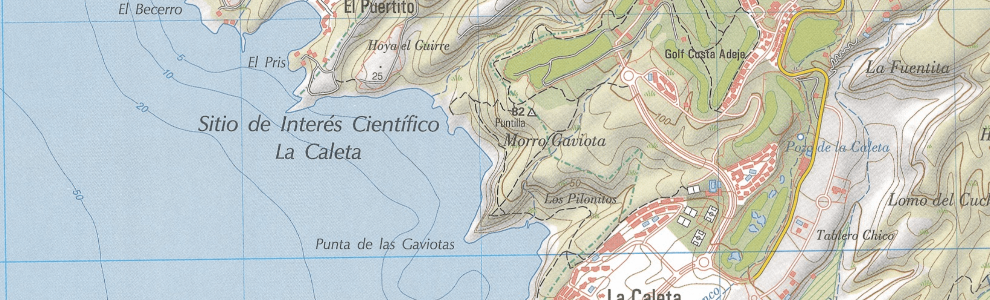 Figure 15. Topographical map of La Caleta site of scientific interest and El Puertito. Adapted from IGN (1999).