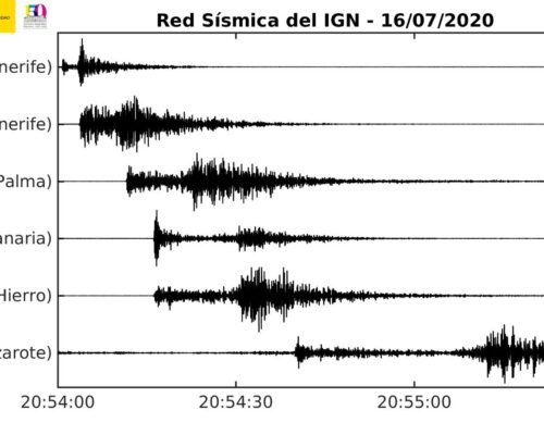 This plot shows the arrival of the 16 July 2020 earthquake at different sites as detected by the seismic stations given along the y axis (left).