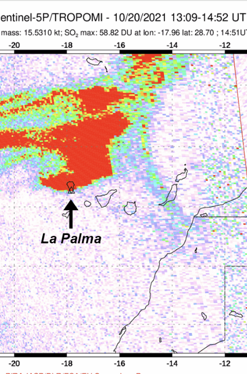 An SO2 emission map for La Palma derived from satellite data on the 20th October 2021.